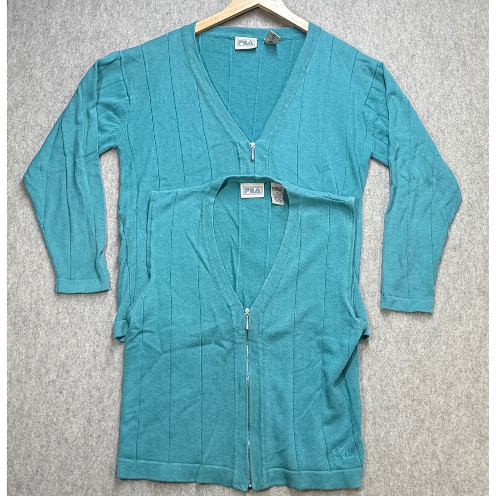 Vintage Fila Cardigan and Vest Set Women Small Medium Teal Sporty Tennis Rare